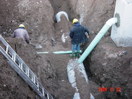 tiefbau, sand, baustelle, loch, bauarbeiter