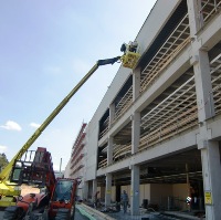 hubsteiger, krahn, betonwand, halle